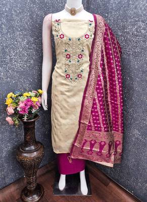 Shimmer butti embroidered unstitched suit with heavy santoon bottom and banarasi jacquard dupatta 2