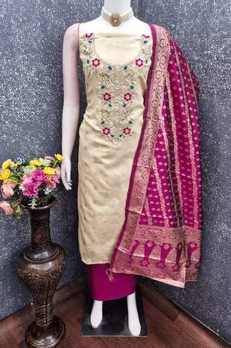 Shimmer butti embroidered unstitched suit with heavy santoon bottom and banarasi jacquard dupatta