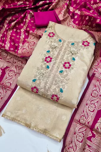 Shimmer butti embroidered unstitched suit with heavy santoon bottom and banarasi jacquard dupatta