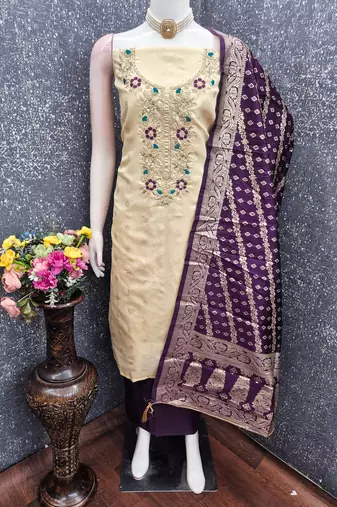 Shimmer butti embroidered unstitched suit with heavy santoon bottom and banarasi jacquard dupatta