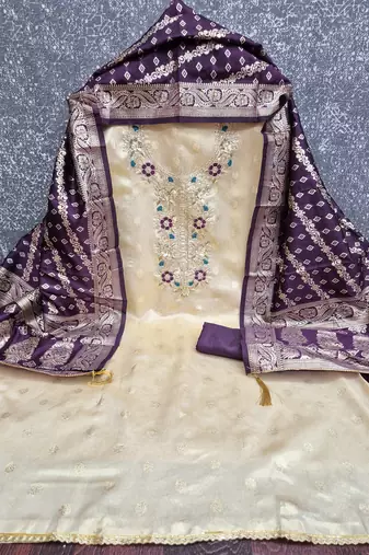 Shimmer butti embroidered unstitched suit with heavy santoon bottom and banarasi jacquard dupatta