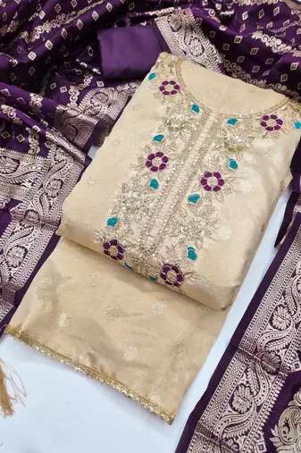Shimmer butti embroidered unstitched suit with heavy santoon bottom and banarasi jacquard dupatta