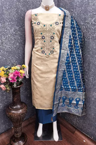 Shimmer butti embroidered unstitched suit with heavy santoon bottom and banarasi jacquard dupatta