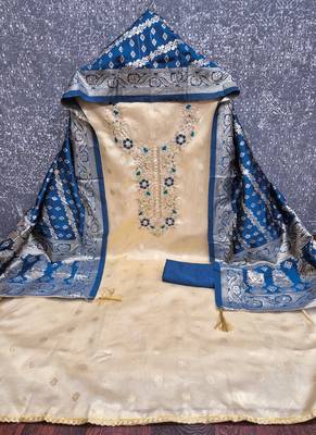 Shimmer butti embroidered unstitched suit with heavy santoon bottom and banarasi jacquard dupatta 3