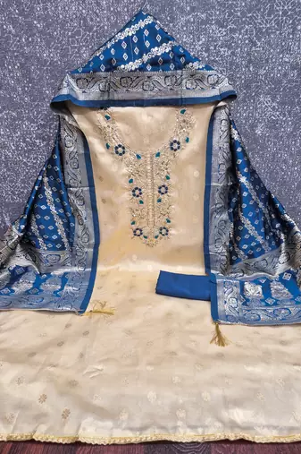 Shimmer butti embroidered unstitched suit with heavy santoon bottom and banarasi jacquard dupatta