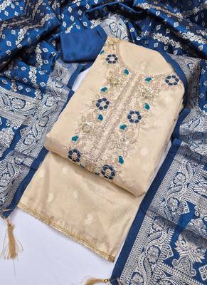 Shimmer butti embroidered unstitched suit with heavy santoon bottom and banarasi jacquard dupatta 4