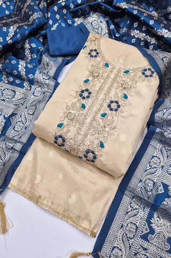 Shimmer butti embroidered unstitched suit with heavy santoon bottom and banarasi jacquard dupatta