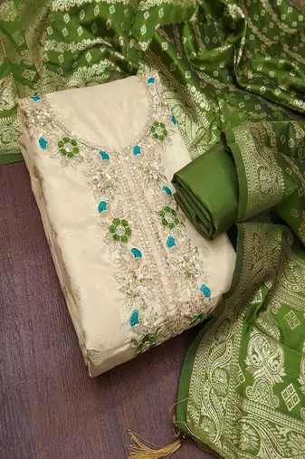 Shimmer butti embroidered unstitched suit with heavy santoon bottom and banarasi jacquard dupatta