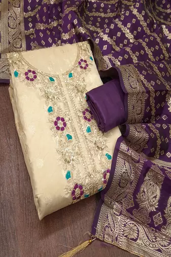Shimmer butti embroidered unstitched suit with heavy santoon bottom and banarasi jacquard dupatta