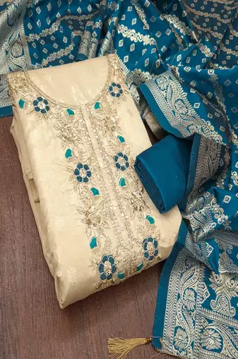 Shimmer butti embroidered unstitched suit with heavy santoon bottom and banarasi jacquard dupatta