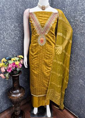 Chanderi butti embroidered unstitched suit with heavy santoon bottom and chanderi jacquard dupatta 2