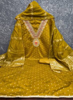 Chanderi butti embroidered unstitched suit with heavy santoon bottom and chanderi jacquard dupatta 3