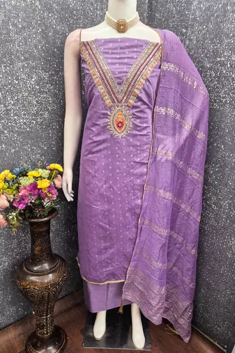 Chanderi butti embroidered unstitched suit with heavy santoon bottom and chanderi jacquard dupatta