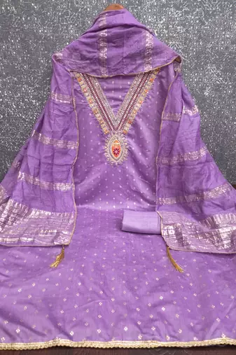 Chanderi butti embroidered unstitched suit with heavy santoon bottom and chanderi jacquard dupatta