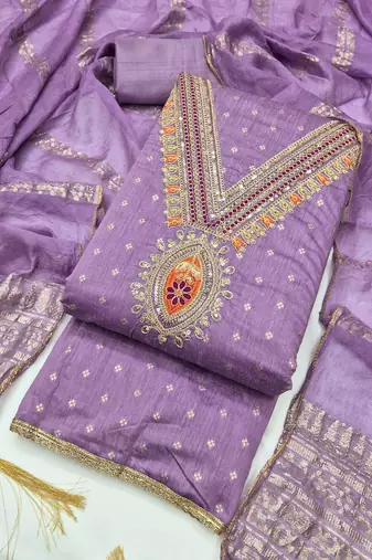 Chanderi butti embroidered unstitched suit with heavy santoon bottom and chanderi jacquard dupatta