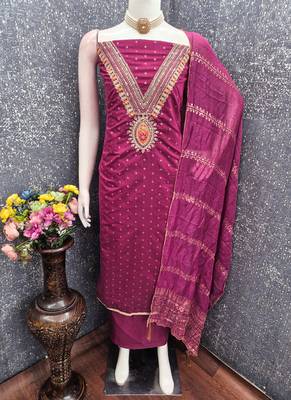 Chanderi butti embroidered unstitched suit with heavy santoon bottom and chanderi jacquard dupatta 2