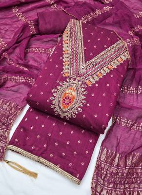 Chanderi butti embroidered unstitched suit with heavy santoon bottom and chanderi jacquard dupatta 4