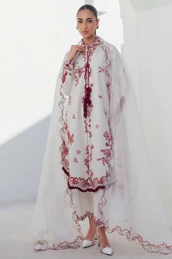 White embroidered kurti pant set with dupatta for women