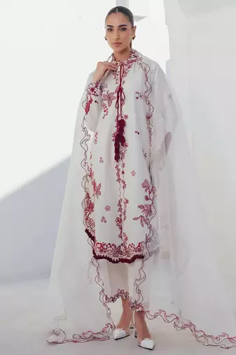 White embroidered kurti pant set with dupatta for women