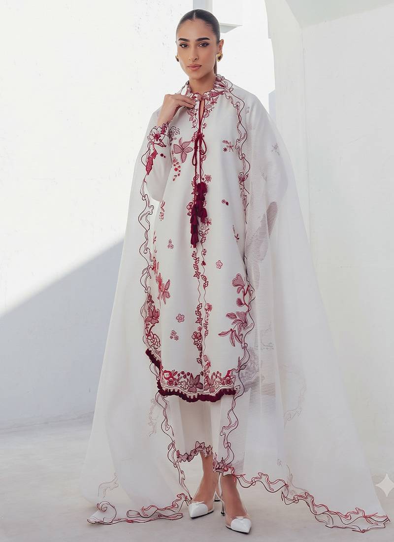 White embroidered kurti pant set with dupatta for women