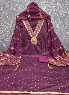 Chanderi butti embroidered unstitched suit with heavy santoon bottom and chanderi jacquard dupatta 3