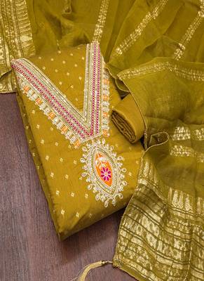 Chanderi butti embroidered unstitched suit with heavy santoon bottom and chanderi jacquard dupatta 5