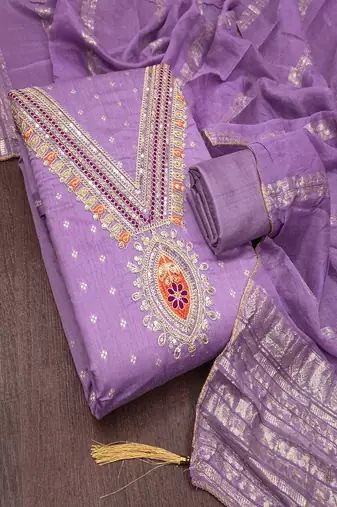 Chanderi butti embroidered unstitched suit with heavy santoon bottom and chanderi jacquard dupatta