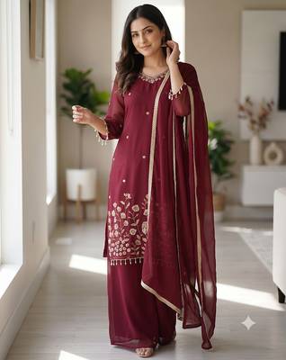 Women maroon  embroidered kurta palazzo set with dupatta 1
