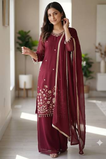 Women maroon  embroidered kurta palazzo set with dupatta