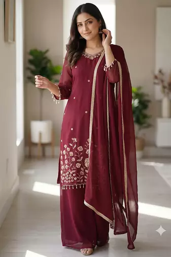Women maroon  embroidered kurta palazzo set with dupatta