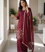 Women maroon  embroidered kurta palazzo set with dupatta