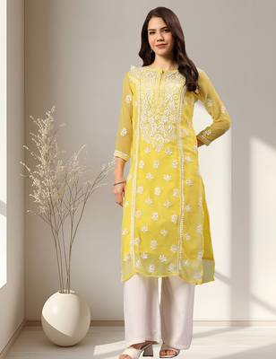 Seva chikan hand embroidered yellow georgette lucknowi chikankari kurta with inner slip 1