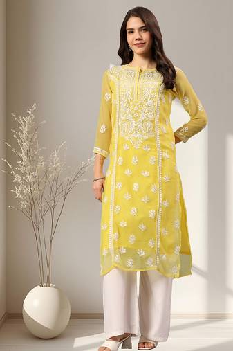 hand embroidered yellow georgette lucknowi chikankari kurta with inner slip