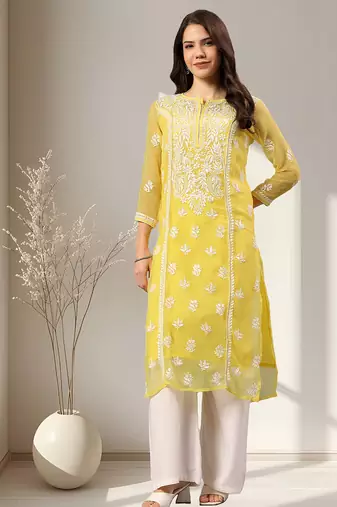 Seva chikan hand embroidered yellow georgette lucknowi chikankari kurta with inner slip