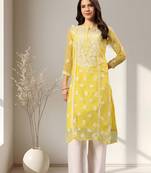 Seva chikan hand embroidered yellow georgette lucknowi chikankari kurta with inner slip