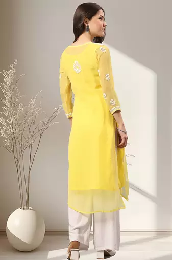 Seva chikan hand embroidered yellow georgette lucknowi chikankari kurta with inner slip