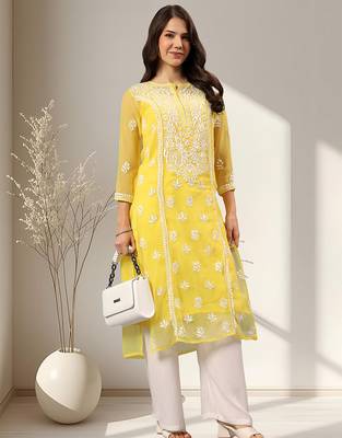 Seva chikan hand embroidered yellow georgette lucknowi chikankari kurta with inner slip 4