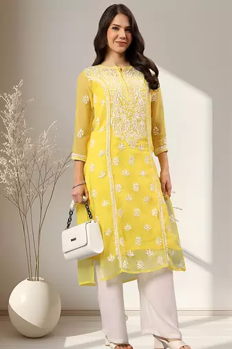 Seva chikan hand embroidered yellow georgette lucknowi chikankari kurta with inner slip