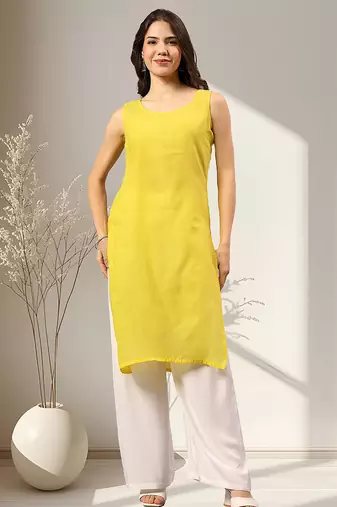 Seva chikan hand embroidered yellow georgette lucknowi chikankari kurta with inner slip