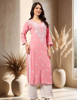 Seva chikan hand embroidered lucknowi chikankari carrot pink rayon kurta scl4771 1