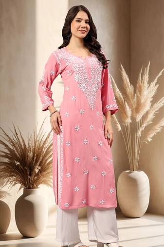 hand embroidered lucknowi chikankari carrot pink rayon kurta