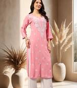 Seva chikan hand embroidered lucknowi chikankari carrot pink rayon kurta scl4771