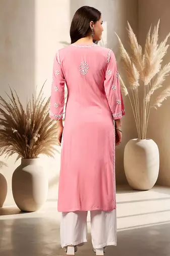 Seva chikan hand embroidered lucknowi chikankari carrot pink rayon kurta scl4771