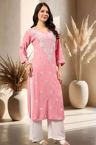 Seva chikan hand embroidered lucknowi chikankari carrot pink rayon kurta scl4771