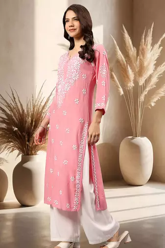 Seva chikan hand embroidered lucknowi chikankari carrot pink rayon kurta scl4771