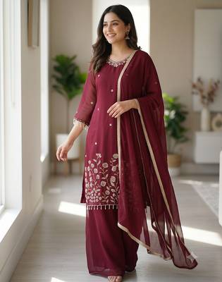 Women maroon  embroidered kurta palazzo set with dupatta 2