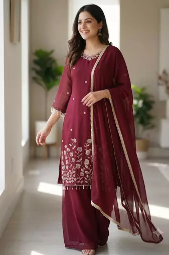 Women maroon  embroidered kurta palazzo set with dupatta