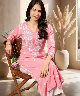 Seva chikan hand embroidered lucknowi chikankari carrot pink rayon kurta scl4771 5