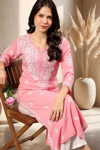 Seva chikan hand embroidered lucknowi chikankari carrot pink rayon kurta scl4771