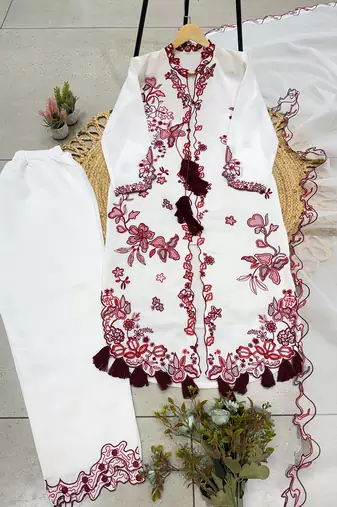 White embroidered kurti pant set with dupatta for women